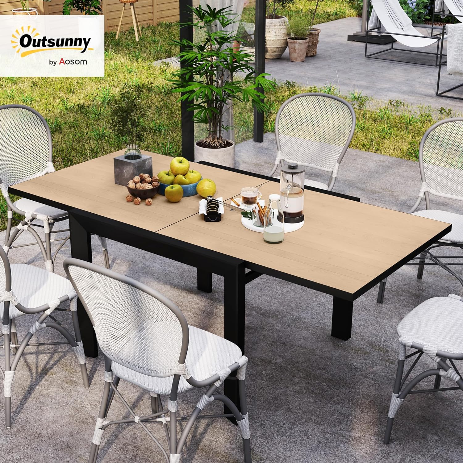 Outsunny Aluminum Outdoor Dining Table, 35.5"–71" Expandable Patio Table for 4–6 People, Square/Rectangular Outdoor Furniture with Slatted Wood Grain Top for Backyard, Porch, Deck, Natural Wood