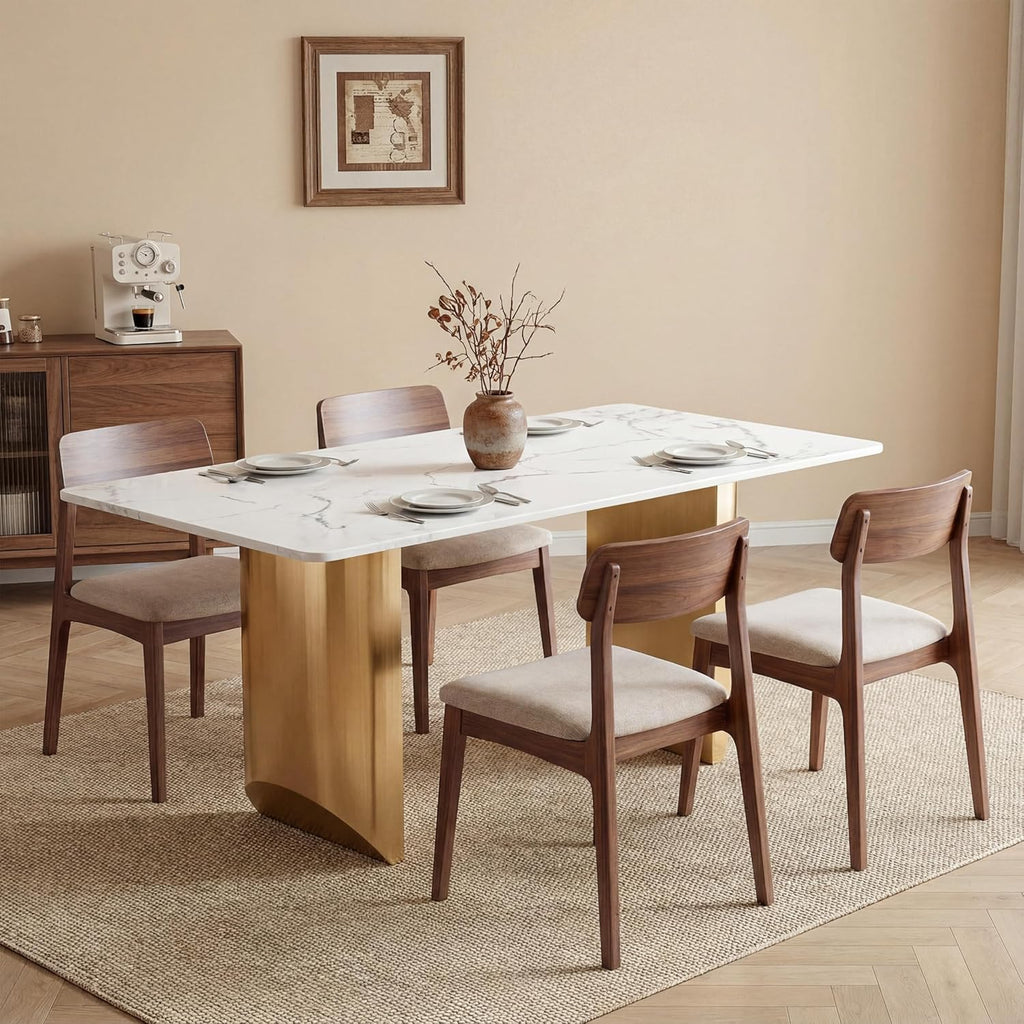 62.99" Rectangular Luxury Sintered Stone Dining Table for 4-6 People with 2 Gold Metal Sturdy Bases Modern Marble-Effect Centerpiece for Dining Room Living Room, White