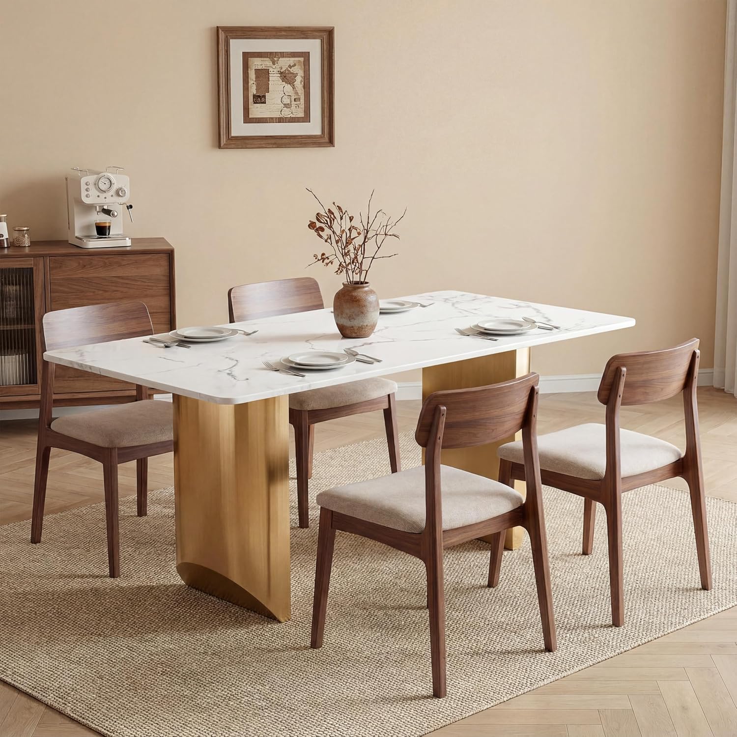 62.99" Rectangular Luxury Sintered Stone Dining Table for 4-6 People with 2 Gold Metal Sturdy Bases Modern Marble-Effect Centerpiece for Dining Room Living Room, White