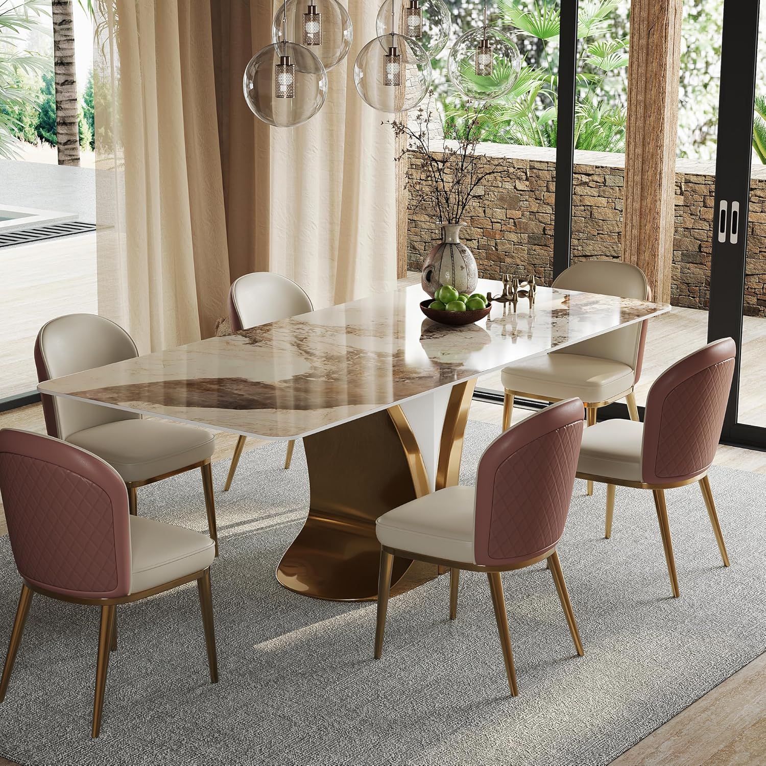 71'' Rectangular Dining Table for 6-8 People, Modern Sintered Stone Kitchen Table Top with Gold Metal Legs, Luxury Dining Room Table with Faux Marble Tabletop for Home, Restaurant