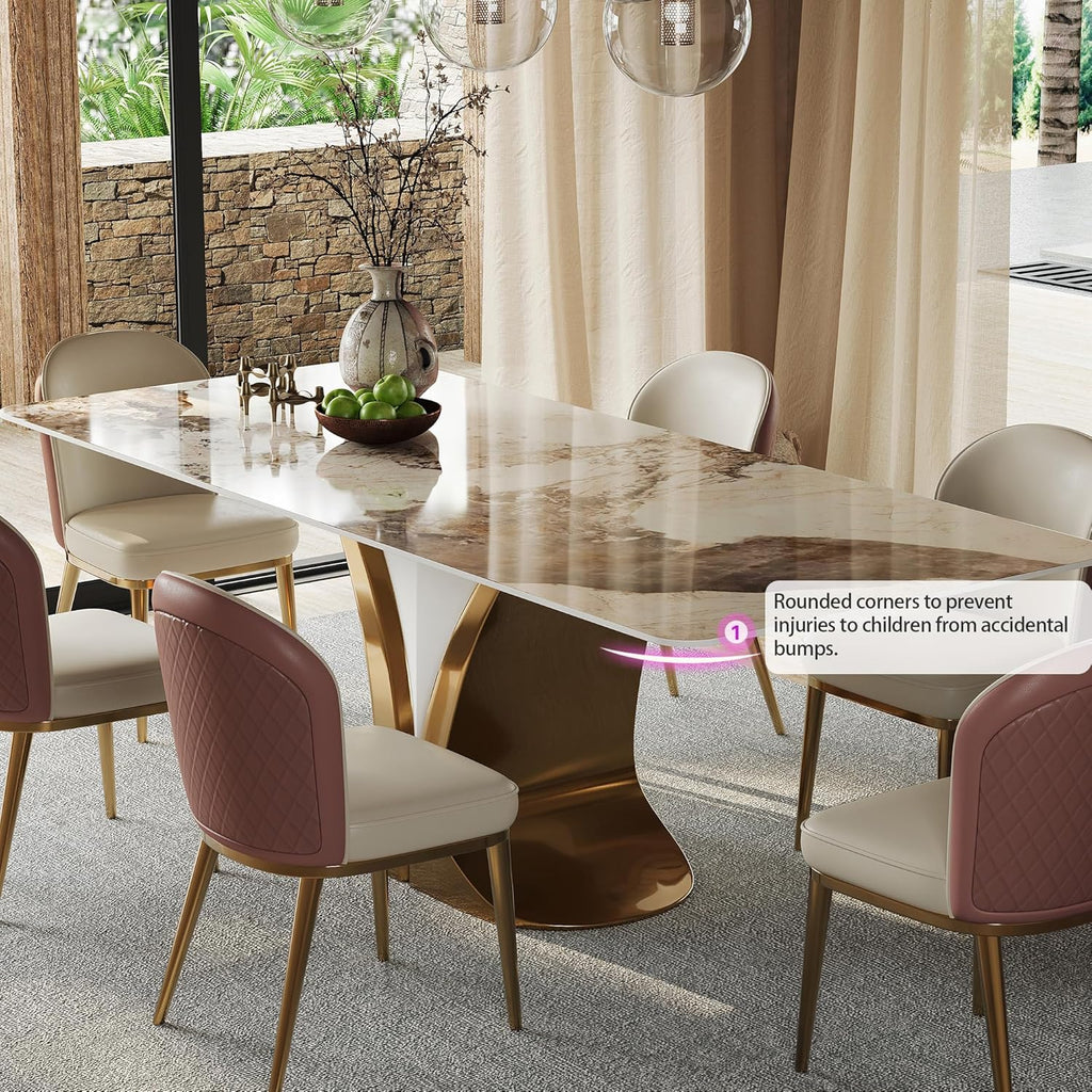 71'' Rectangular Dining Table for 6-8 People, Modern Sintered Stone Kitchen Table Top with Gold Metal Legs, Luxury Dining Room Table with Faux Marble Tabletop for Home, Restaurant