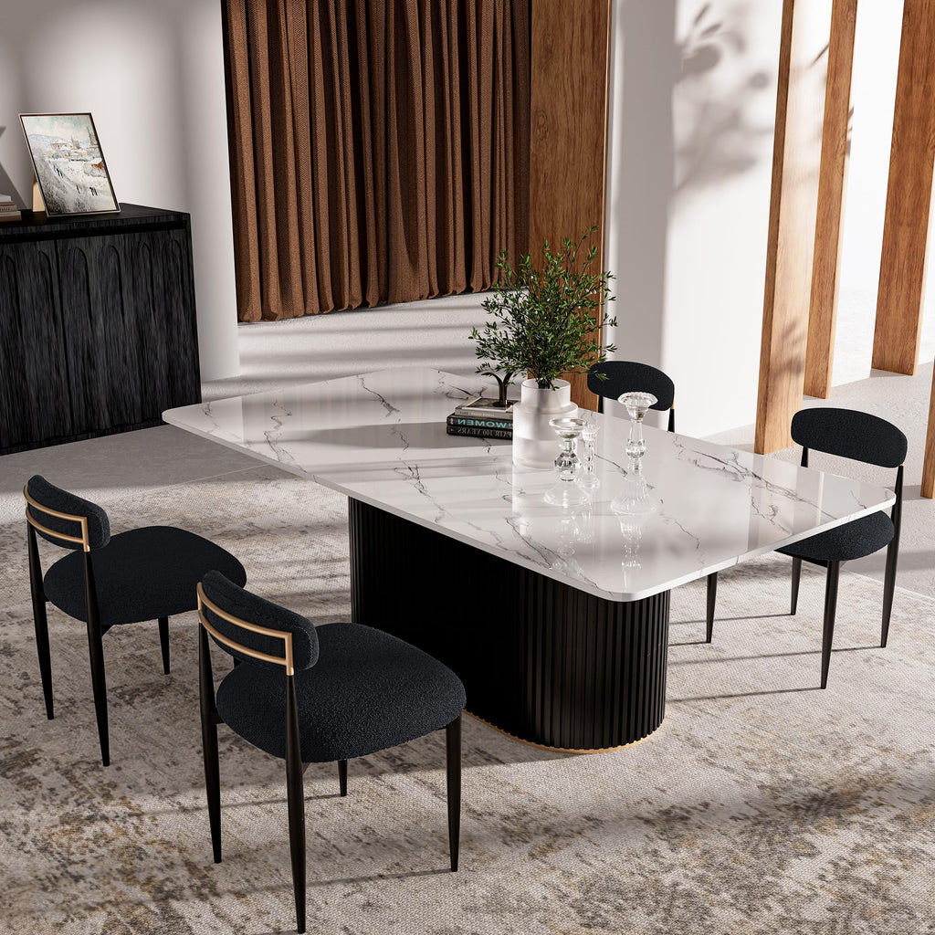 Morden Fort Marble Dining Table for 6, 70" Modern Dining Table with Black Fluted Base and White Faux Marble Top, Kitchen Table with Gold Trim for Ktichen, Reception and Conference
