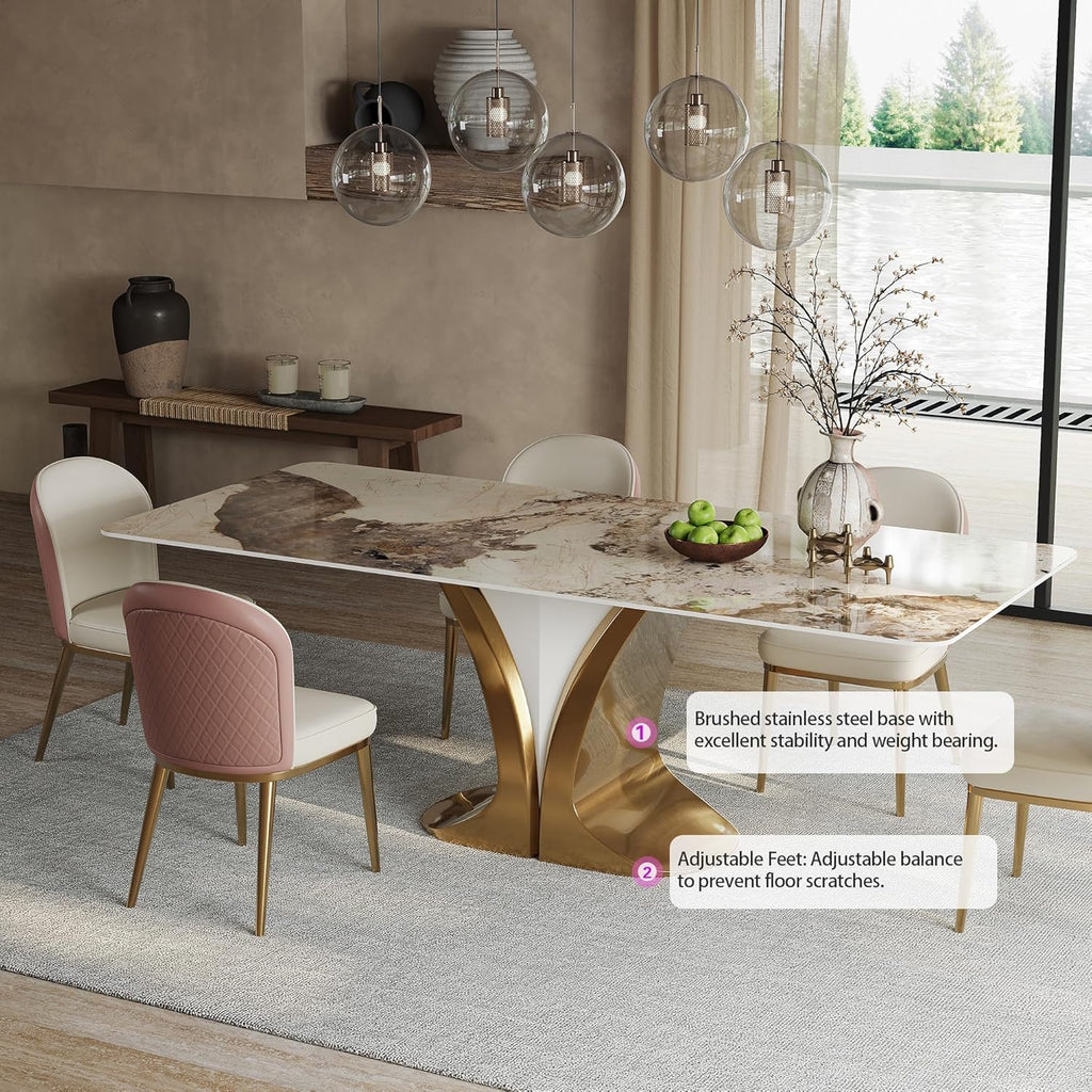71'' Rectangular Dining Table for 6-8 People, Modern Sintered Stone Kitchen Table Top with Gold Metal Legs, Luxury Dining Room Table with Faux Marble Tabletop for Home, Restaurant