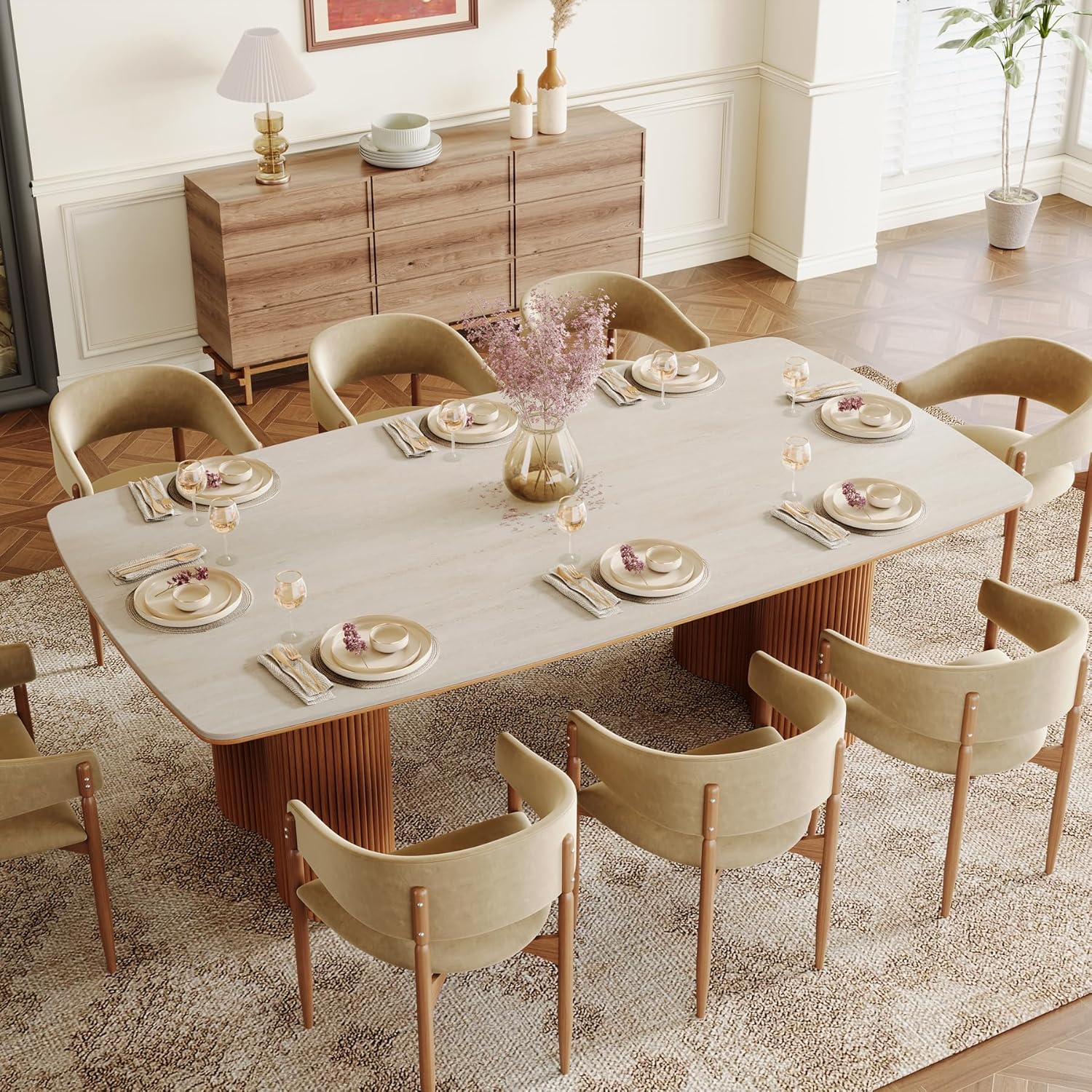 Tribesigns 78.7" Sintered Stone Dining Table for 8-10，Luxury Rectangular Kitchen Table with Solid Wood Legs, Mid-Century Dining Room Table for Living Room