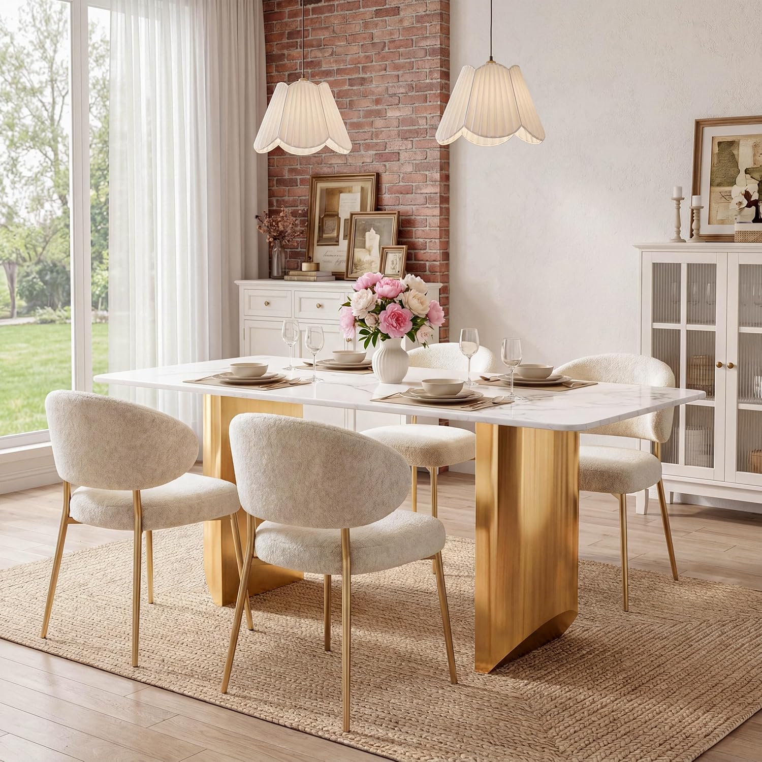 62.99" Rectangular Luxury Sintered Stone Dining Table for 4-6 People with 2 Gold Metal Sturdy Bases Modern Marble-Effect Centerpiece for Dining Room Living Room, White
