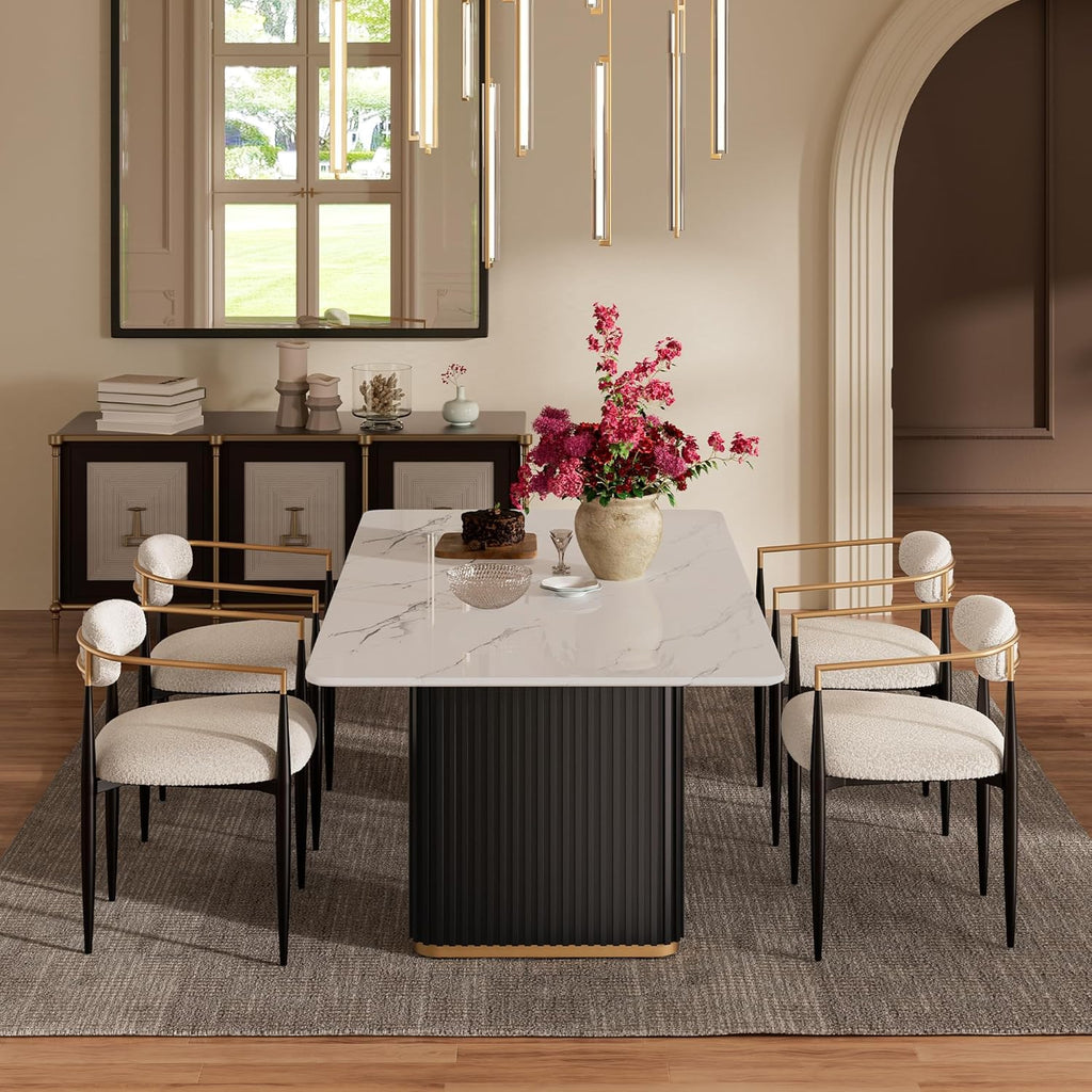 Morden Fort Marble Dining Table for 6, 70 Inch Modern Kitchen Table with Black Fluted Base and Gold Trim for Ktichen, Dining Room and Reception