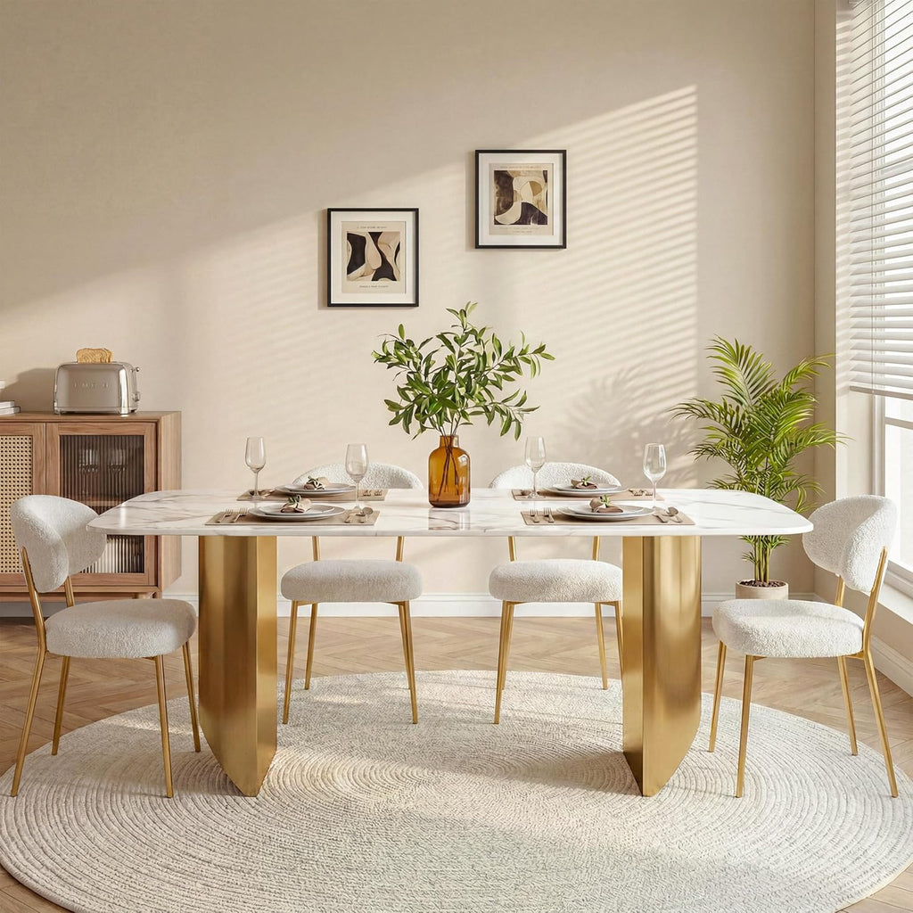 62.99" Rectangular Luxury Sintered Stone Dining Table for 4-6 People with 2 Gold Metal Sturdy Bases Modern Marble-Effect Centerpiece for Dining Room Living Room, White