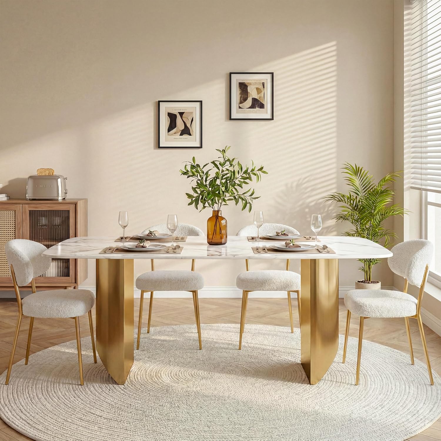 62.99" Rectangular Luxury Sintered Stone Dining Table for 4-6 People with 2 Gold Metal Sturdy Bases Modern Marble-Effect Centerpiece for Dining Room Living Room, White