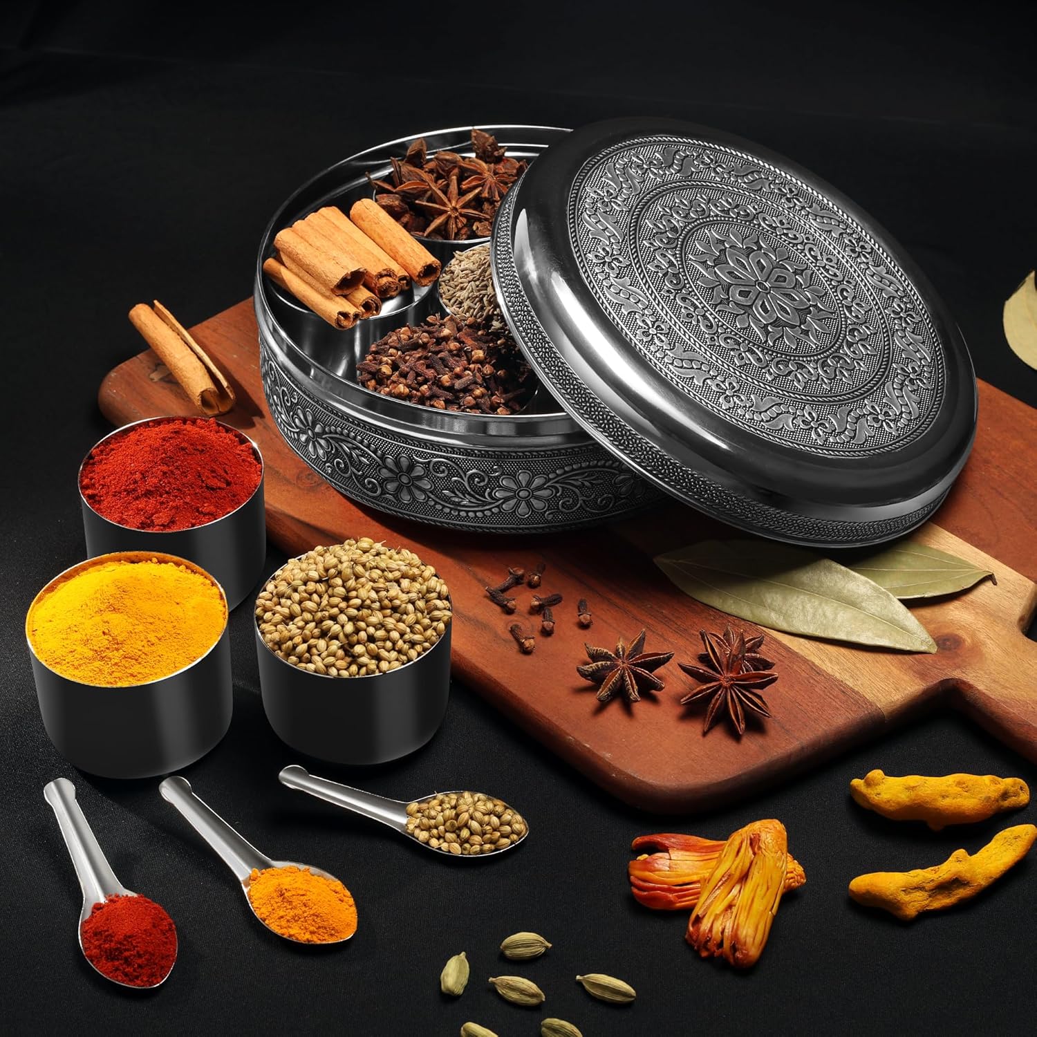 KSJONE Designer Spice Container Masala Dabba, 7 Spice Jars, Holds 7 Spices, Spice Container Box, Polished Stainless Steel with 7 Serving Spoons, Indian Masala Dabba with Lid, 8 Inch