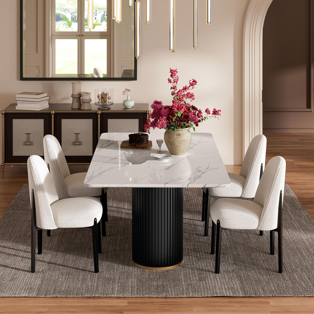 Morden Fort Marble Dining Table for 6, 70" Modern Dining Table with Black Fluted Base and White Faux Marble Top, Kitchen Table with Gold Trim for Ktichen, Reception and Conference