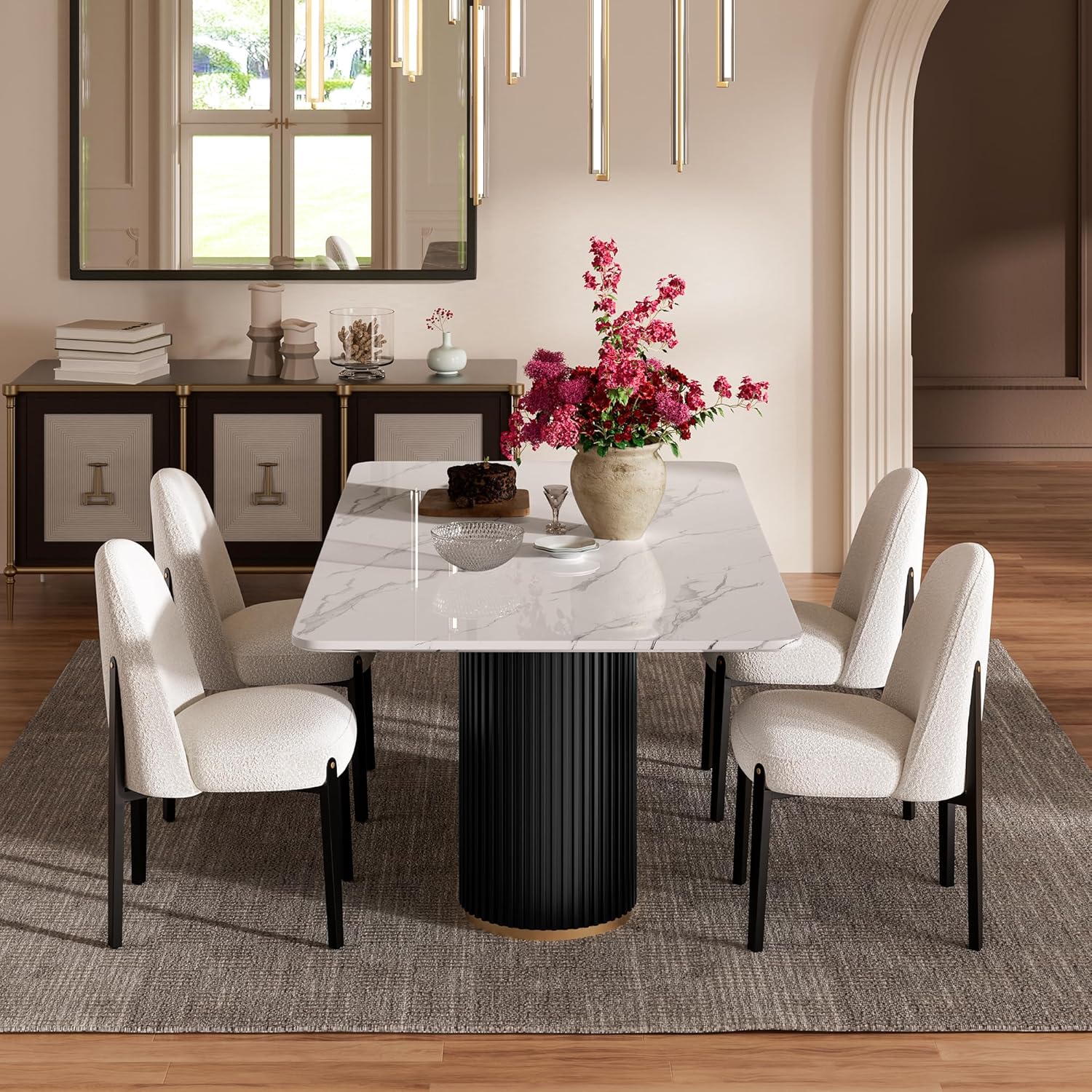 Morden Fort Marble Dining Table for 6, 70" Modern Dining Table with Black Fluted Base and White Faux Marble Top, Kitchen Table with Gold Trim for Ktichen, Reception and Conference