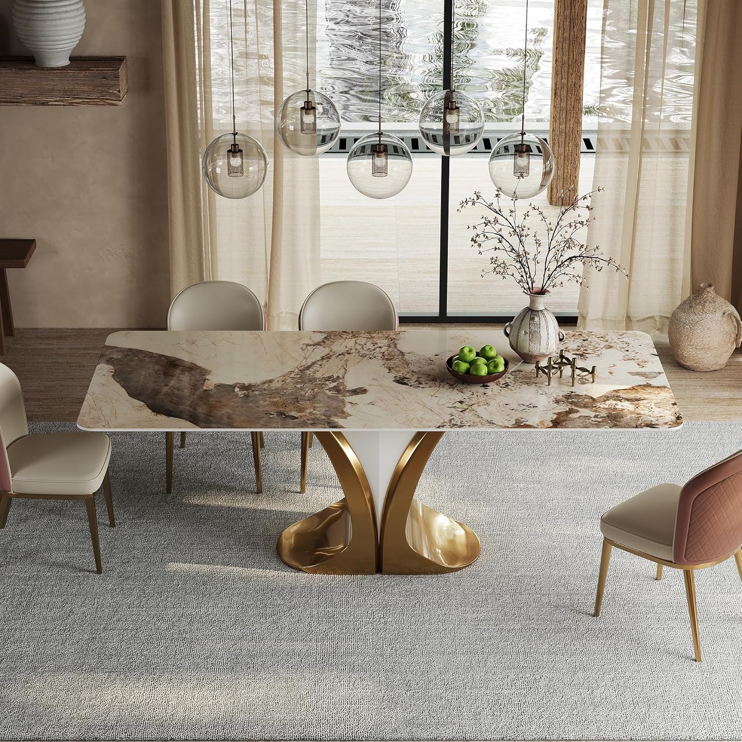 71'' Rectangular Dining Table for 6-8 People, Modern Sintered Stone Kitchen Table Top with Gold Metal Legs, Luxury Dining Room Table with Faux Marble Tabletop for Home, Restaurant