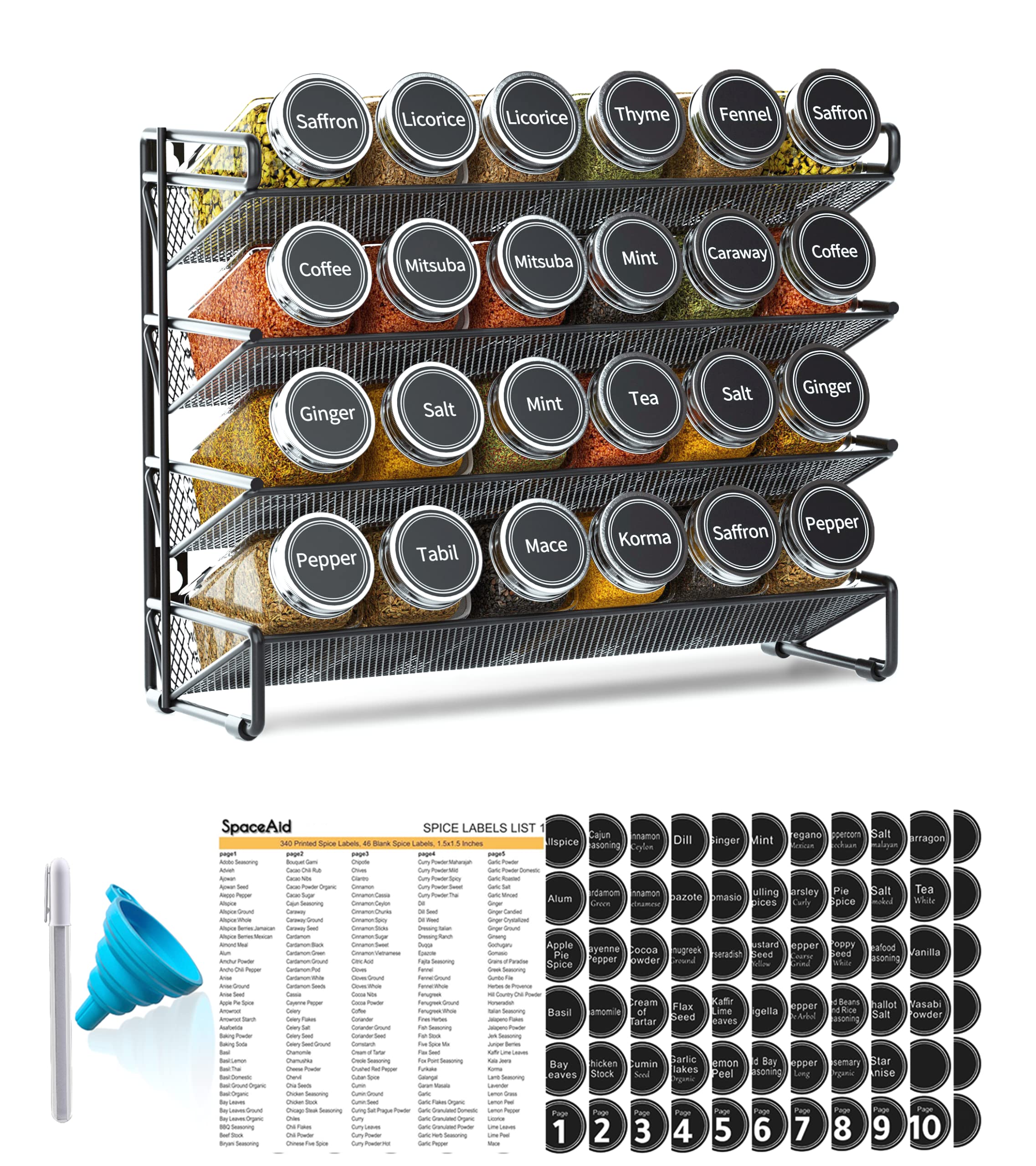 SpaceAid Spice Rack Organizer with 28 Spice Jars, 386 Spice Labels, Chalk Marker and Funnel Set for Cabinet, Countertop, Pantry, Cupboard or Door & Wall Mount - 28 Jars, 13.4" W × 10.8" H, Black
