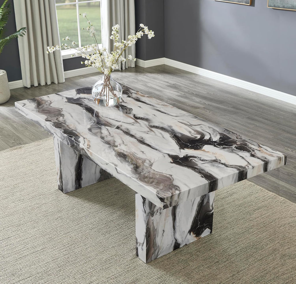 Roundhill Furniture Cavira Modern Faux Marble Dining Table with Double Pedestal Base