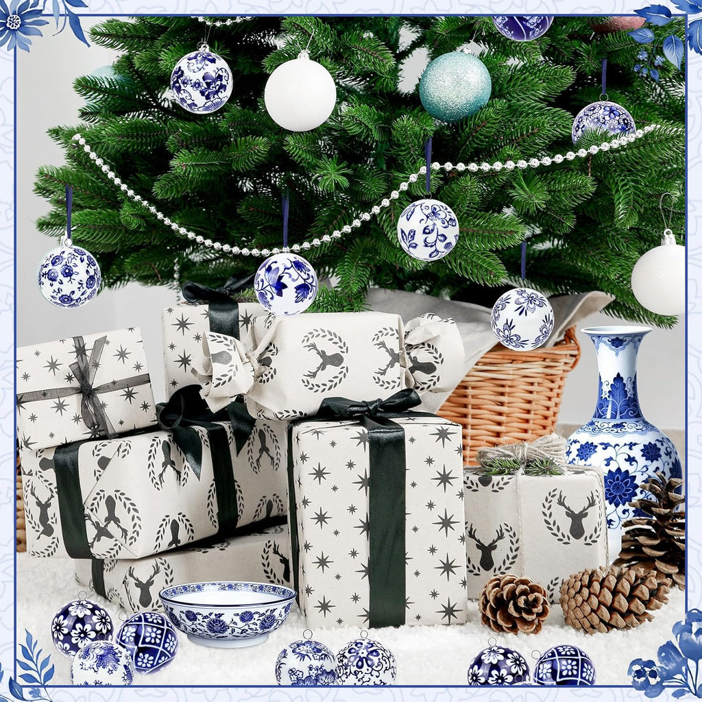 12 Pcs Christmas Chinoiserie Balls 2.36 Inch Blue and White Porcelain Chinoiserie Ornament Bulk Christmas Hanging Decorations Ceramic Decor for Home Tree Xmas Party