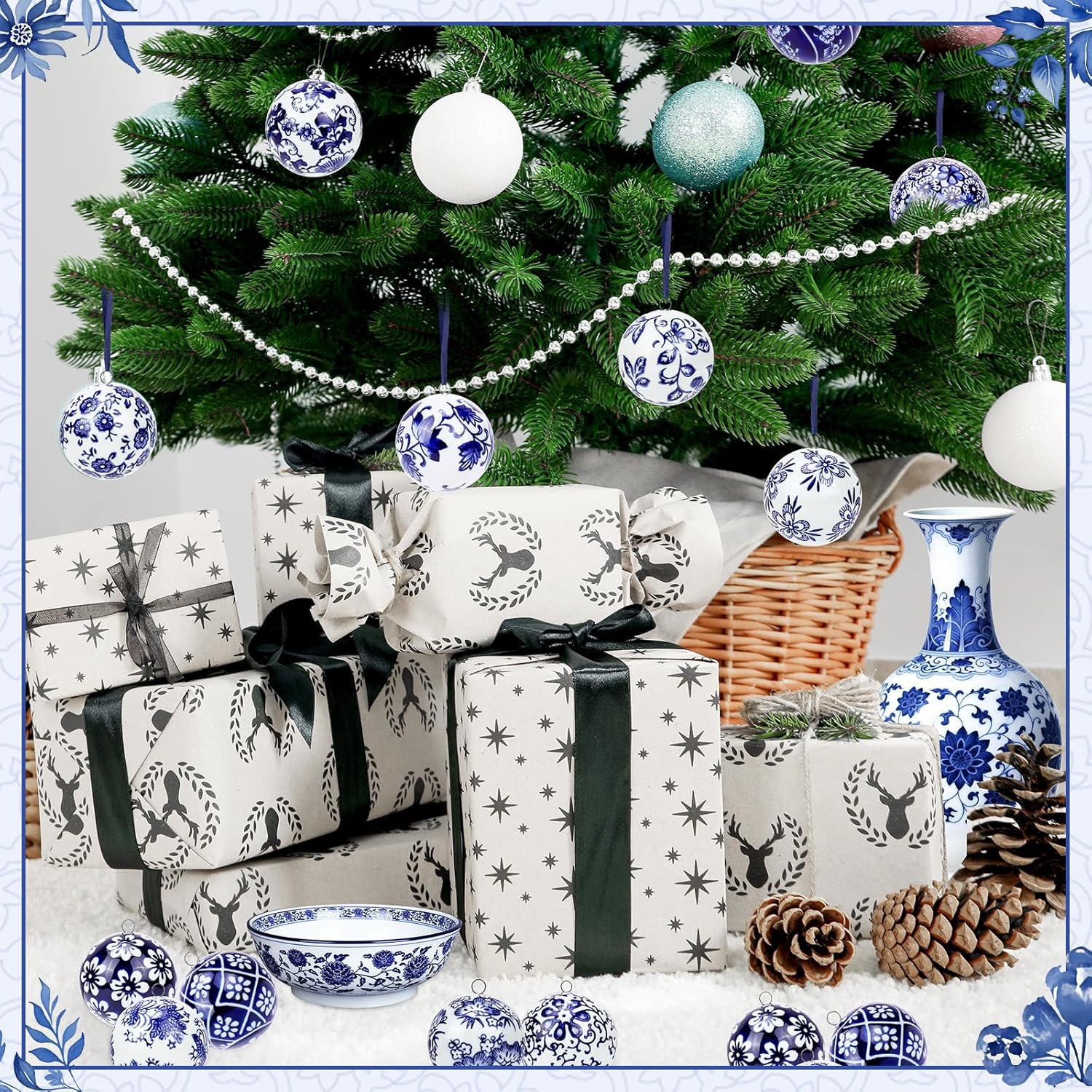 12 Pcs Christmas Chinoiserie Balls 2.36 Inch Blue and White Porcelain Chinoiserie Ornament Bulk Christmas Hanging Decorations Ceramic Decor for Home Tree Xmas Party