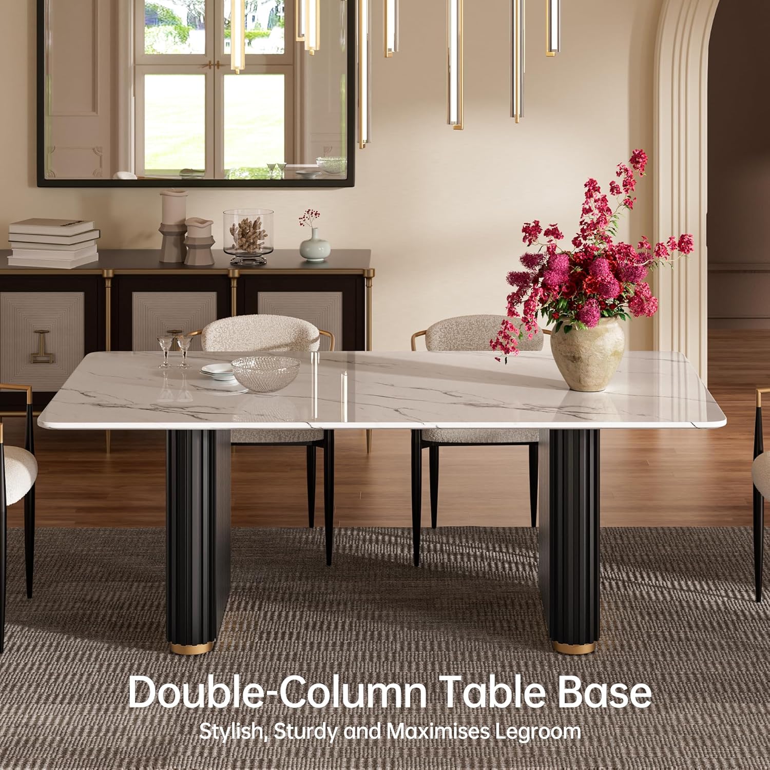 Morden Fort Marble Dining Table for 6, 70 Inch Modern Kitchen Table with Black Fluted Base and Gold Trim for Ktichen, Dining Room and Reception