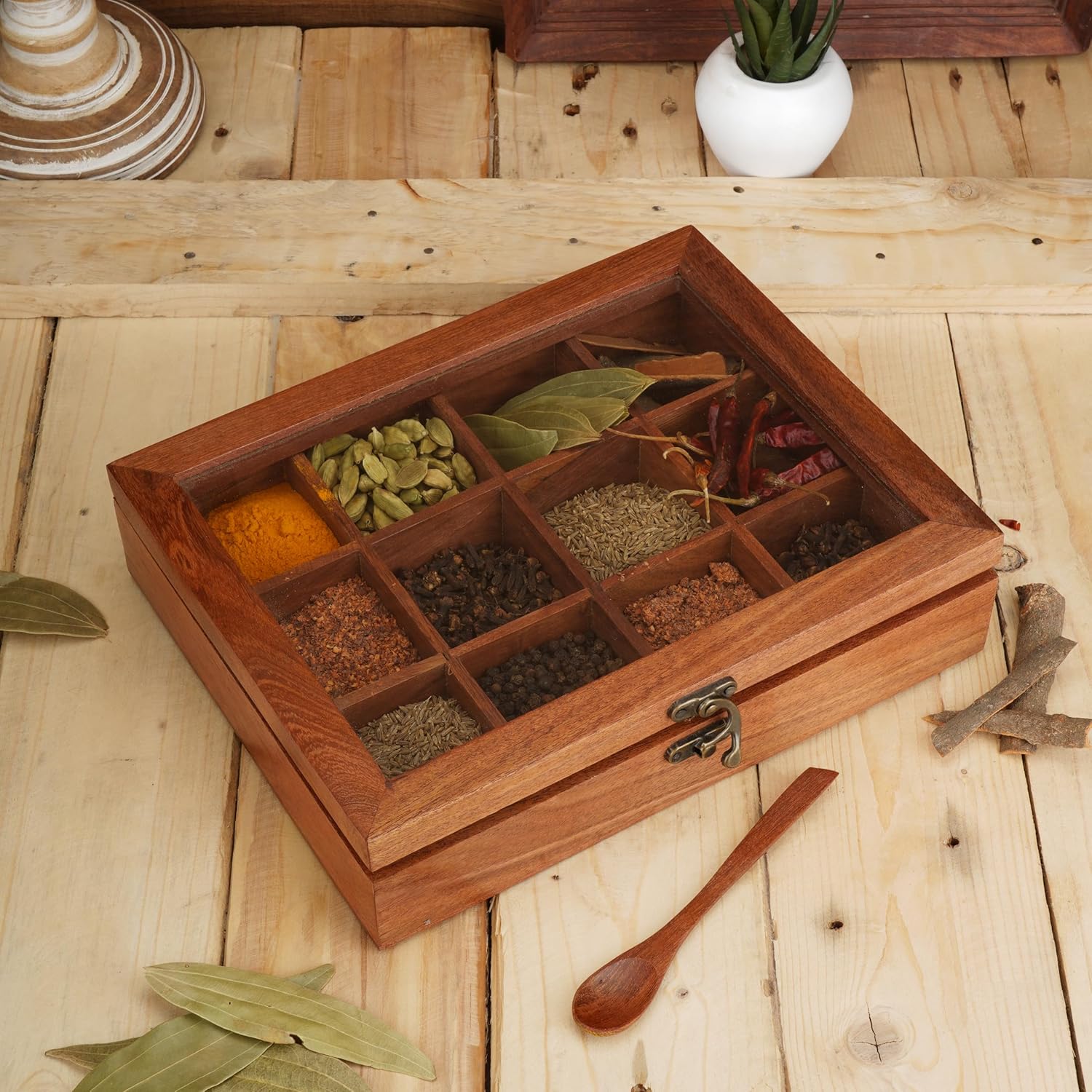 Ajuny Wooden Spice Box 10x8 Inch - Decorative Indian Masala Dabba Organizer with Glass Lid 12 Compartments & Spoon Spice Storage Container Ideal for Seasonings & Herbs Perfect for Gift