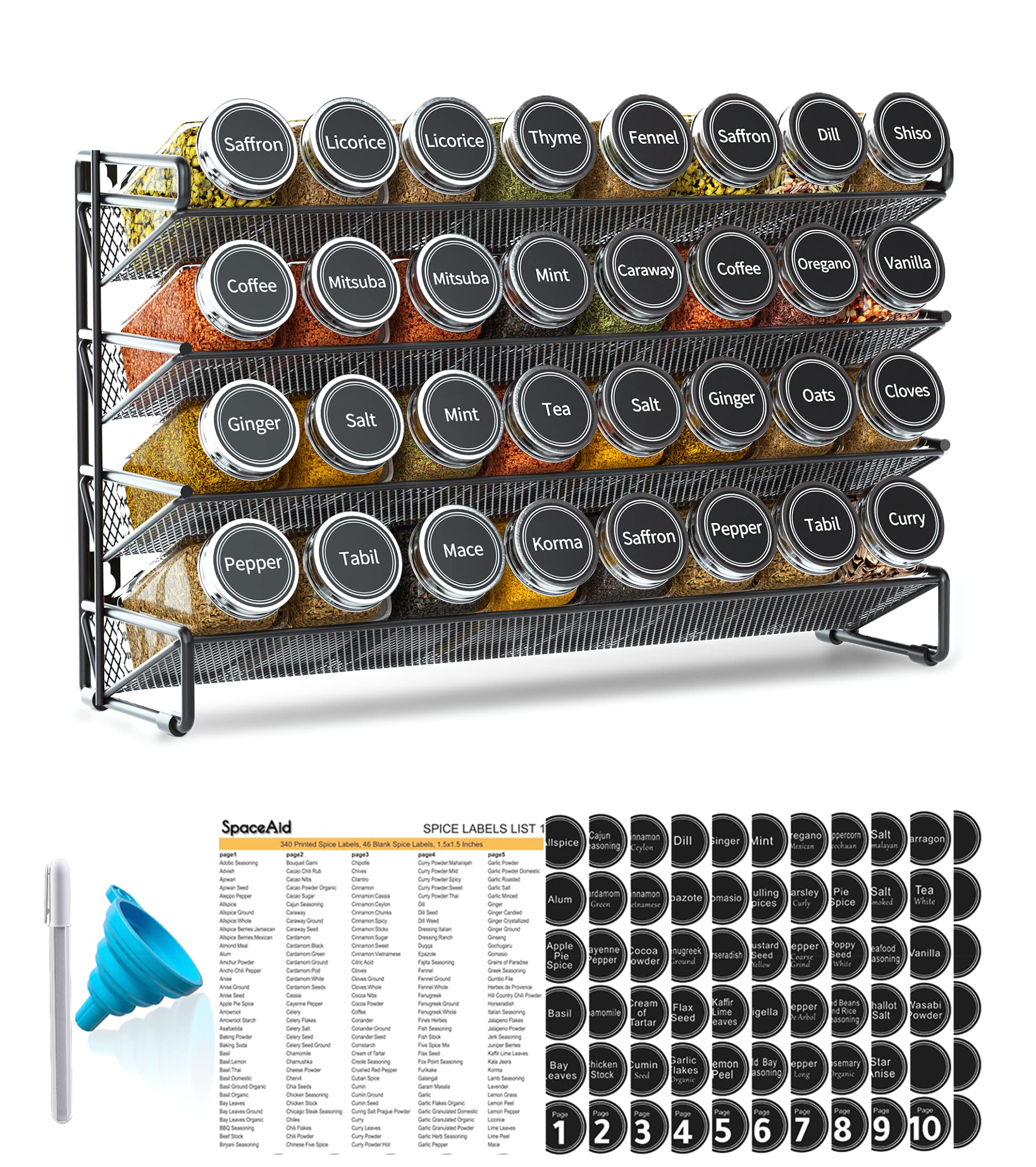 SpaceAid Spice Rack Organizer with 28 Spice Jars, 386 Spice Labels, Chalk Marker and Funnel Set for Cabinet, Countertop, Pantry, Cupboard or Door & Wall Mount - 28 Jars, 13.4" W × 10.8" H, Black