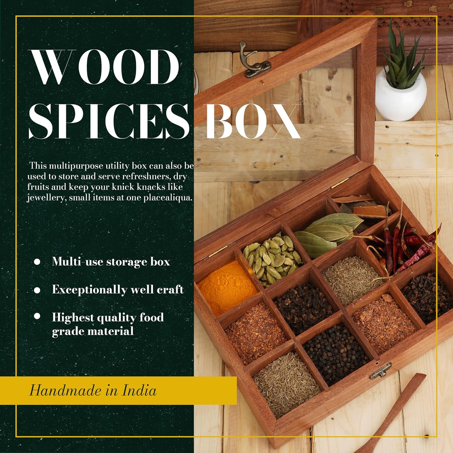 Ajuny Wooden Spice Box 10x8 Inch - Decorative Indian Masala Dabba Organizer with Glass Lid 12 Compartments & Spoon Spice Storage Container Ideal for Seasonings & Herbs Perfect for Gift