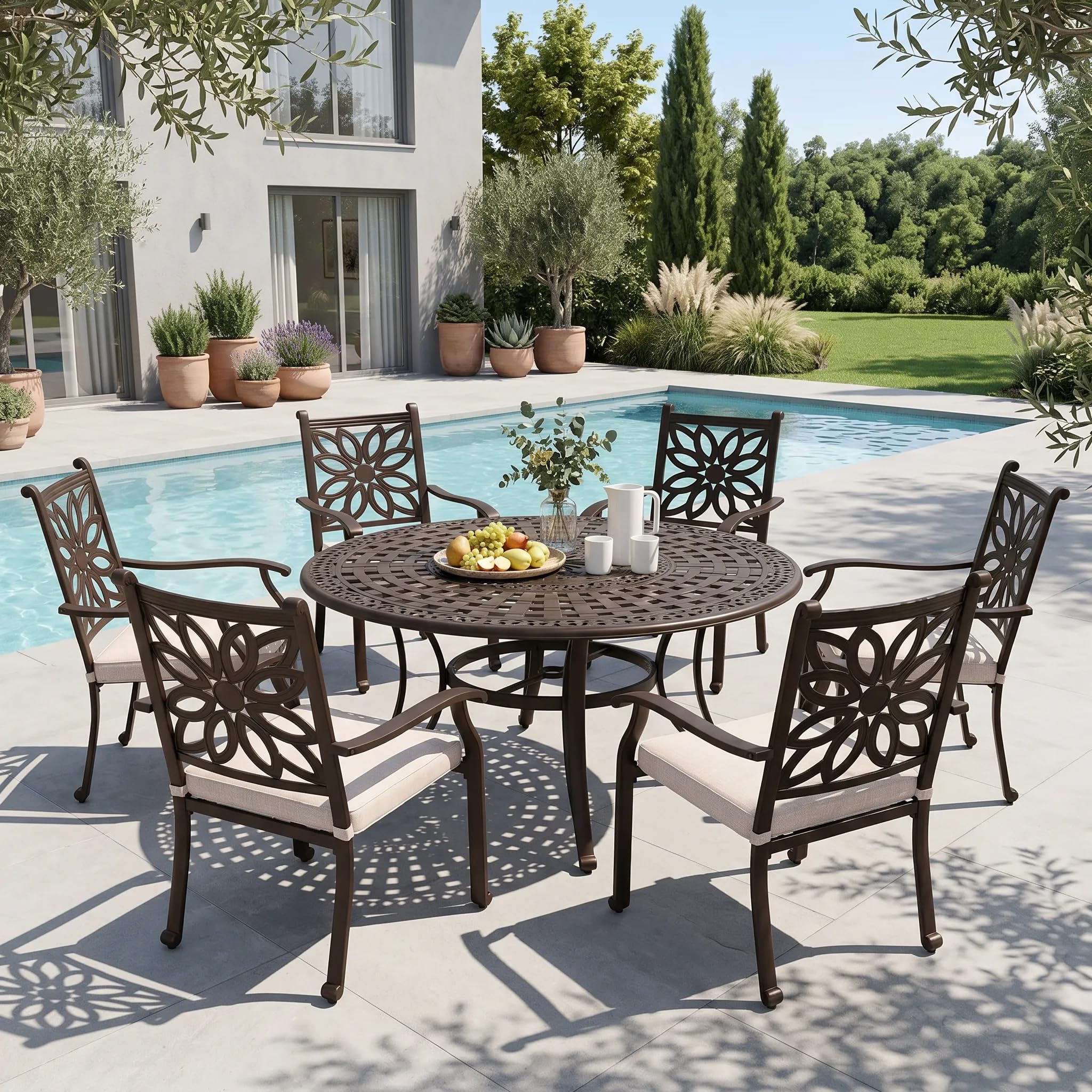 Sophia & William Outdoor Dining Table 6-Person Round Cast Aluminium, Patio Bistro Table with 2.2" Umbrella Hole for Porch Backyard, Bronze