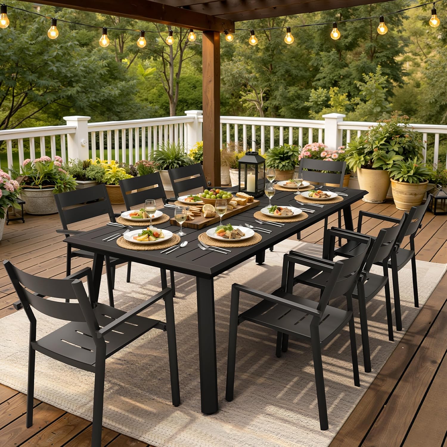 Outdoor Dining Table for 8, 83" Aluminum Patio Table with Umbrella Hole Rectangle All Weather Outside Table for Lawn Backyard Garden