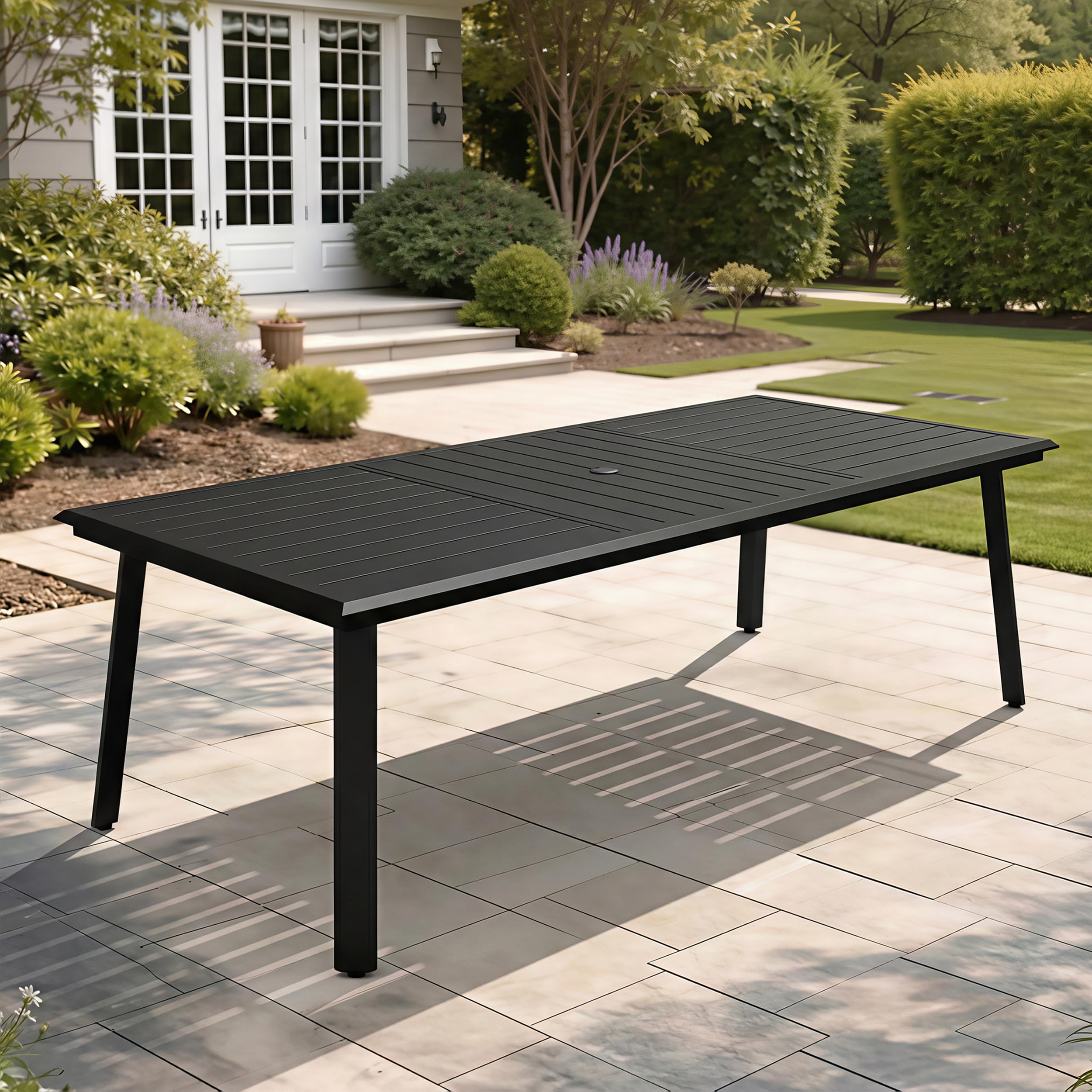 Outdoor Dining Table for 8, 83" Aluminum Patio Table with Umbrella Hole Rectangle All Weather Outside Table for Lawn Backyard Garden
